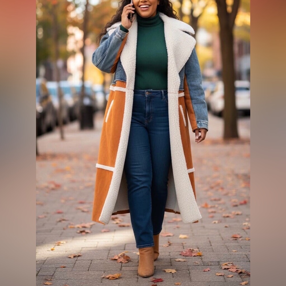 Denim & Tan Faux Suede Shearling Coat